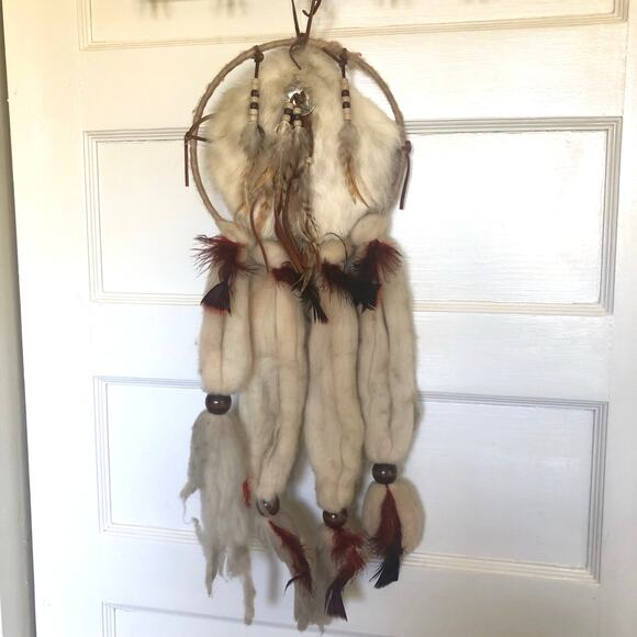 Vintage Native American Dream Catcher Mandala 25" Handmade Fur Feathers Leather
